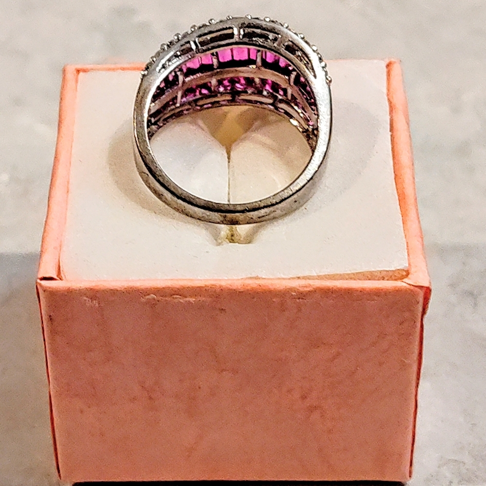 VINTAGE 4 ROW ETERNITY BAND BAGUETTE CUT RUBIES & ROUND DIAMONDS SILVER RING - Picture 10 of 12